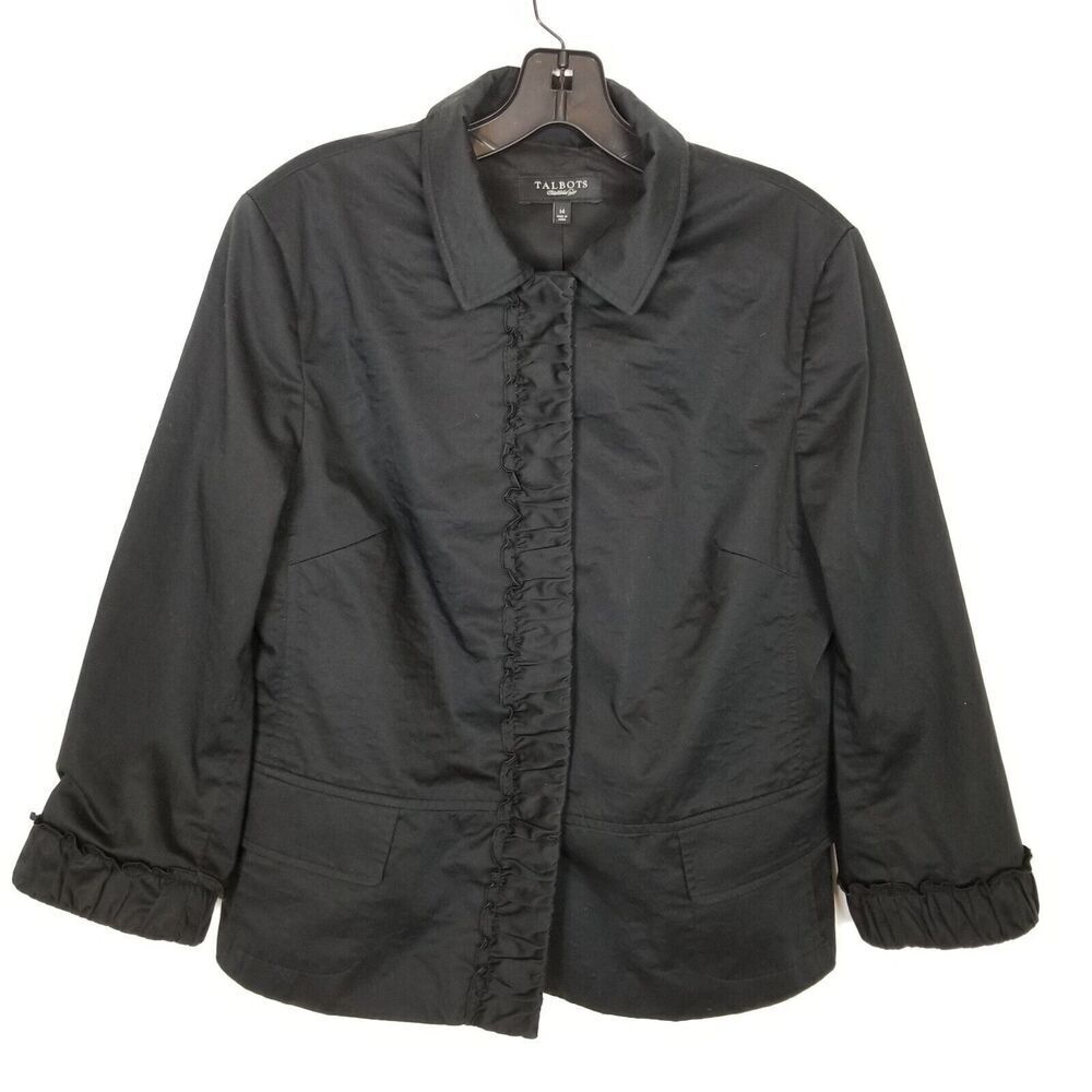 Talbots Womens Snap Front Stretch Collared Jacket sz 14 Black Casual Office